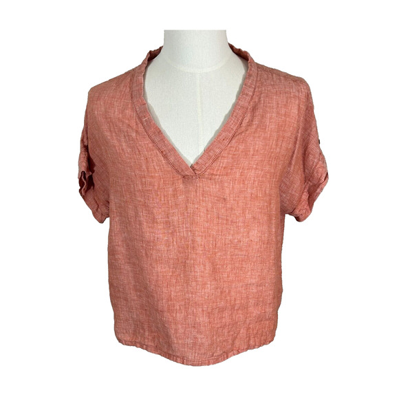 Isaac Mizrahi Top Womens Large Orange 100% Linen Roll Tab Pullover Blouse - Picture 1 of 8